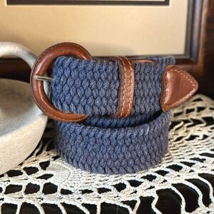 Barcelona Braided Woven‎ Stretch Belt Leather Accents Medium Blue Brown